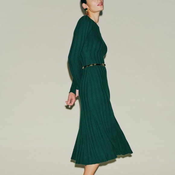 REFORMATION Evan Cashmere Green Ribbed Knit Long Sleeve Sweater Dress with tags - Picture 5 of 11